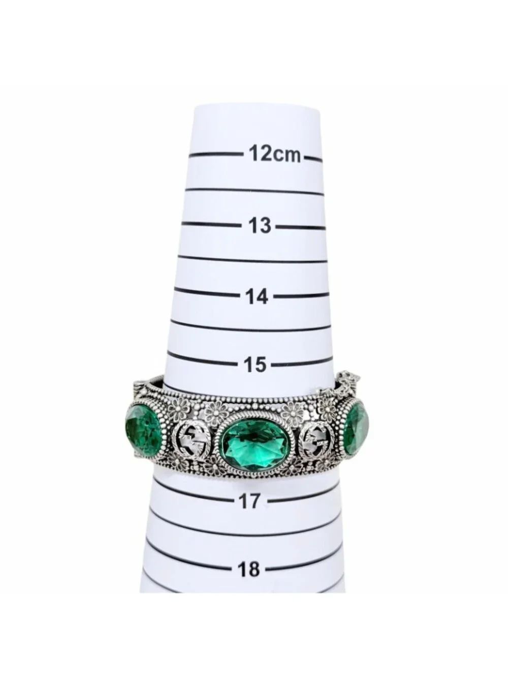 Gucci Interlocking G Flower Cat Head Green Color Stone Bangle Silver 16 Bracelet